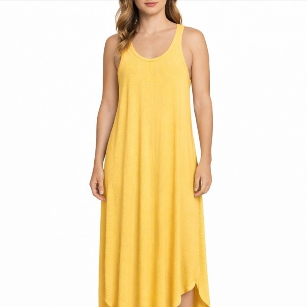 Aerie Ribbed Racerback Midi Dress Mustard Yellow High Low Hem‎ Small